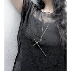 Blackened Sterling Silver Crooked Cross Necklace - Black Metal, Witchy, Gothic